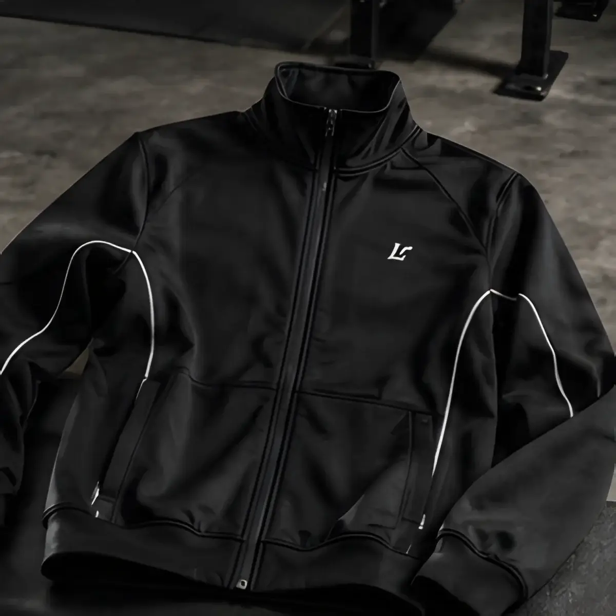 Chaqueta deportiva negra con cremallera y vivos blancos