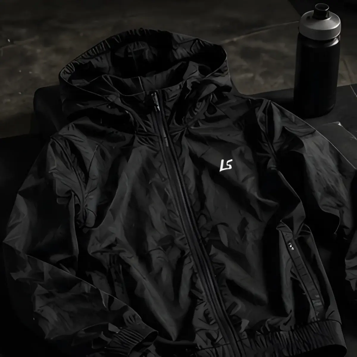 Cortavientos negro con capucha y logo en el pecho