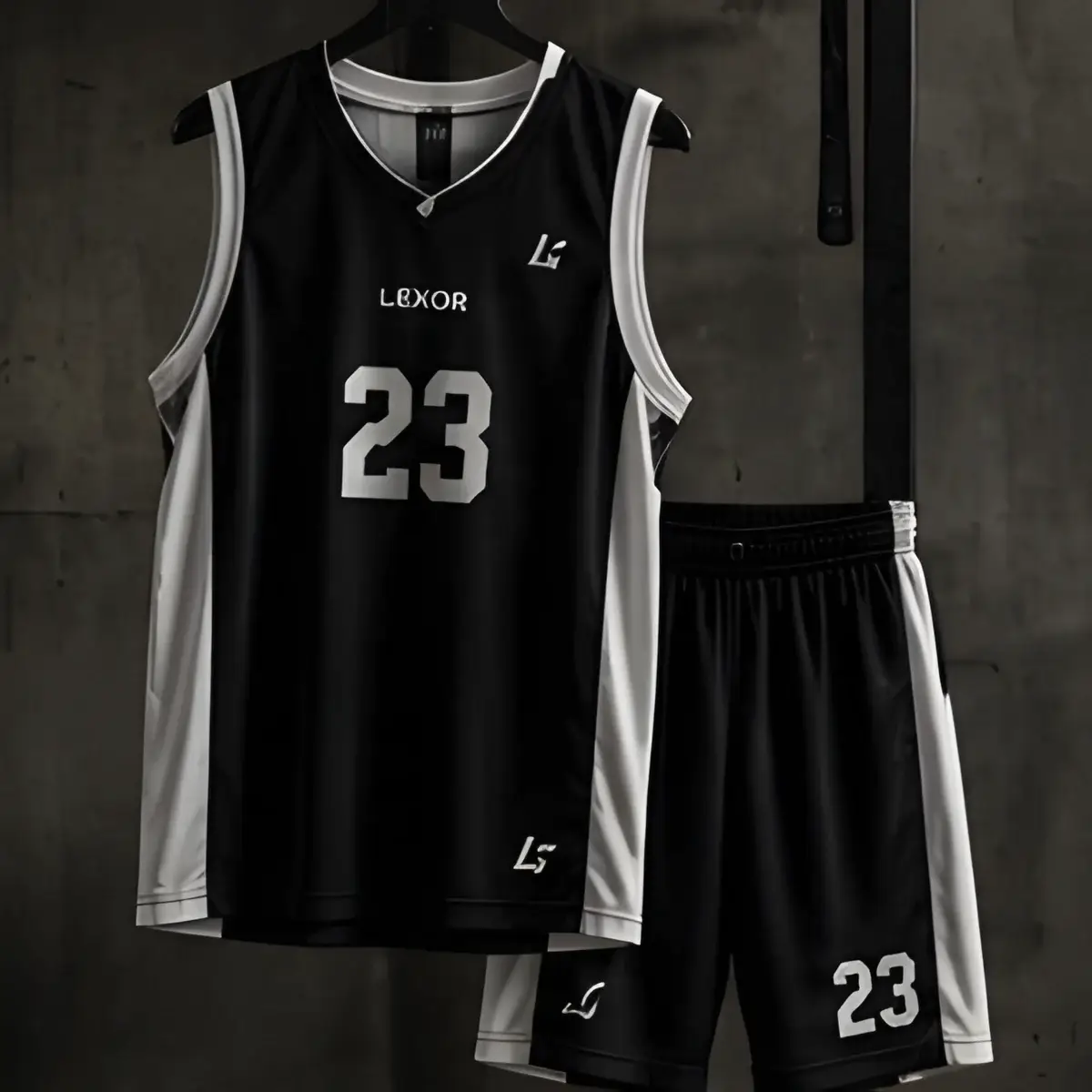 Equipación de baloncesto negra y blanca con nombre y número 23