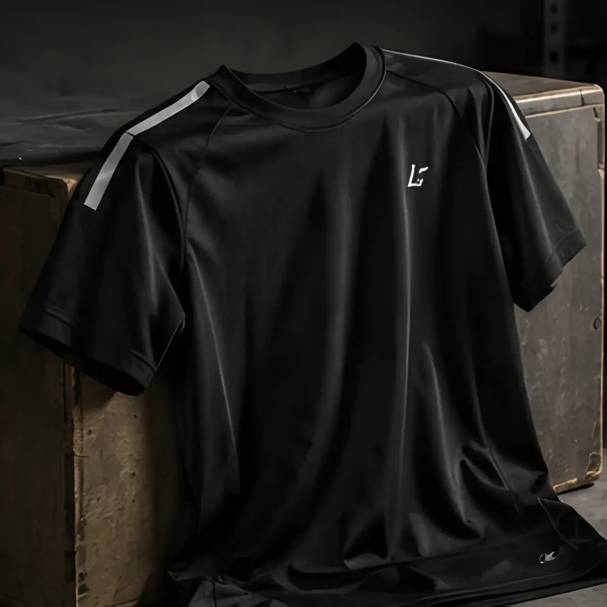 Camiseta técnica multideporte negra con franjas en los hombros