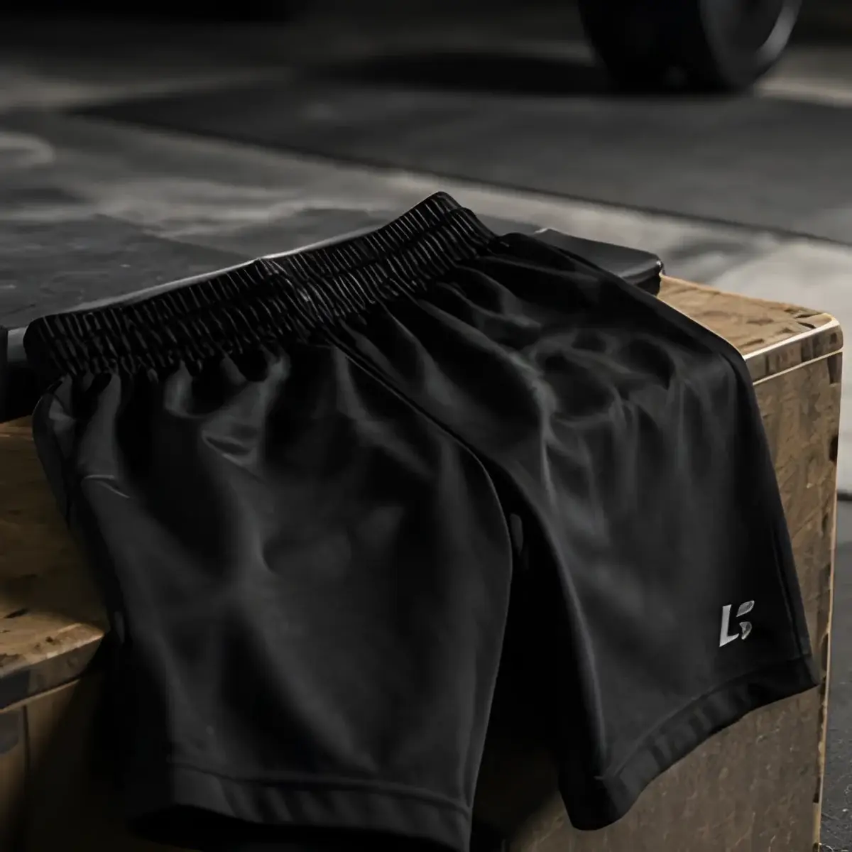 Shorts negros con logo en la pernera sobre un cajón de madera